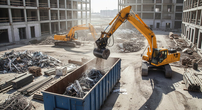 Heavy equipment cleans construction site from scrap metal, waste in large container