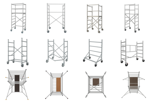 Collection of aluminum mobile scaffolds with lockable wheels safety railings for indoor or outdoor construction; scaffold tower structures in various perspectives showing frames, casters platforms