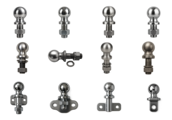 Collection of metal trailer hitch balls with threaded stems and base plates; various chrome and steel tow balls used for secure trailer coupling and vehicle towing support