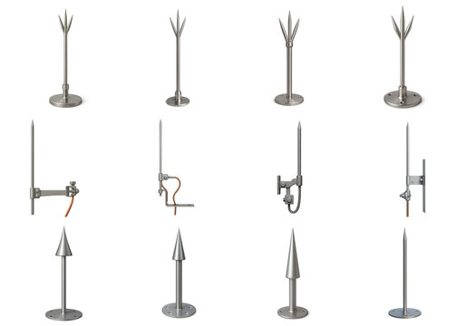 Set of metal lightning rods with pointed and multi-prong tips for building protection; various rooftop lightning arrestors mounted on base plates and brackets with grounding cable options