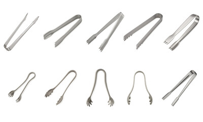 Collection of mini serving tongs made of stainless steel with serrated tips for precise grip; perfect for buffets, dessert bars or ice handling in compact food service setups