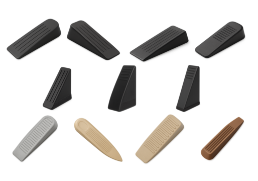 Set of rubber door wedges in various shapes and colors with anti-slip base for secure door holding; door wedge fits home, office, or classroom use while rubber ensures firm grip and floor protection