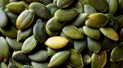 Scattered pumpkin seeds creating rustic, textured orange brown backdrop with organic pattern, highlighting natural food ingredient surface design