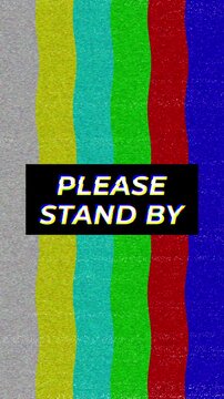 Please Stand By  Message Television Screen Displaying Color Bars. Classic television test pattern with colorful vertical bars and "PLEASE STAND BY" text