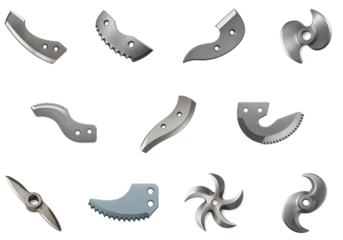 Set of curved ice auger blades isolated on black; various serrated and smooth blade styles for ice drilling, showing sharp edges and metal textures used in manual and powered augers