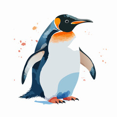 Obraz premium Stylized King Penguin illustration with vibrant orange and blue watercolor accents.