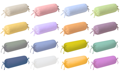 Set of pastel cotton cylindrical pillows with tied ends in assorted colors; soft roll cushion design ideal for cozy interiors, baby rooms, or nursery decor theme