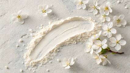 Obraz premium Elegant White Flowers and Powder Texture on Stone Surface for Beauty Product Display or Cosmetic Background.