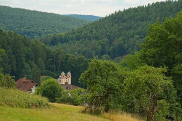 village Mespelbrunn and crypt chapel in the beautiful Spessart landscape