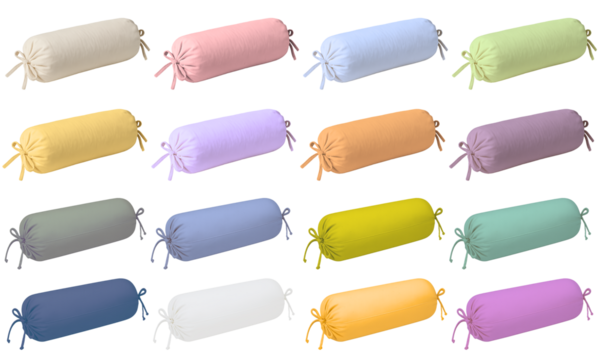 Set of pastel cotton cylindrical pillows with tied ends in assorted colors; soft roll cushion design ideal for cozy interiors, baby rooms, or nursery decor theme