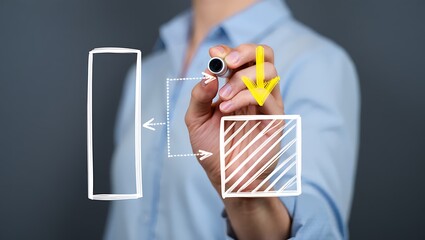 Close up of a person s hand holding a yellow marker and drawing a progress bar chart with arrows connecting segments on a transparent surface against a grey background