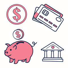 Financial Icons Piggy Bank Coins Credit Cards Bank.