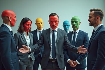 Circle of Businesspeople Wearing Colorful Masks with Accusatory Gesture in the Center