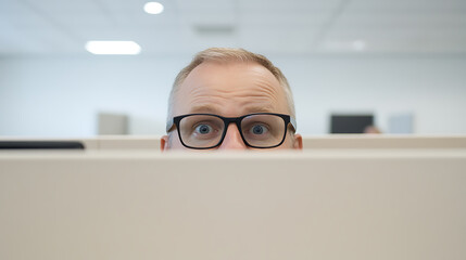 Office Surprise: Man peeks over cubicle with wide eyes, hinting at workplace curiosity or amusement. The candid shot adds a touch of humor and relatability.
