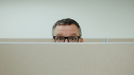 Peeking Eyes: Man with glasses looking over an office cubicle with a surprised expression. A humorous and unexpected work moment captured.