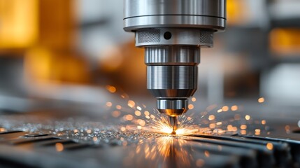 Industrial laser cutter engraving metal sheet with sparks flying