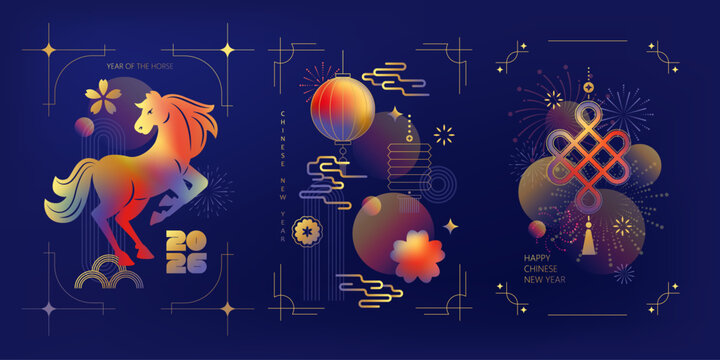 Chinese New Year  vector cards. 2026 year of the Horse. Lunar new year concept. Geometric modern design with abstract forms, gradients, horse, lantrerns, fireworks. Design for calendar, cover, flyer.