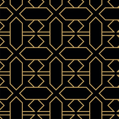 Geometric vector seamless pattern with crossed lines, triangles, squares abstract background. Simple minimalistic black and gold design. Single color, black and gold.