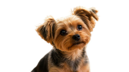 a cute yorkshire looking confused, isolated on white background