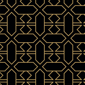 Geometric vector seamless pattern with crossed lines, triangles, squares abstract background. Simple minimalistic black and gold design. Single color, black and gold.