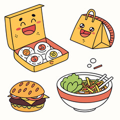Kawaii Food Characters Burger Noodles and Eggs.
