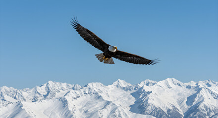Majestic Bald Eagle Soars Over Snowy Mountain Landscape