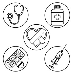 Medical Icons Set Stethoscope Pills Syringe Heart Medicine Bottle.