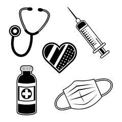Medical Icons Set Stethoscope Syringe Heart Mask and Medicine Bottle.