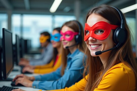 Title: Joyful co-workers in superhero masks working at call center with unique themed headsets - Powered by Adobe