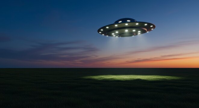 Flying saucer over a field at twilight