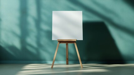 White blank canvas standing on wooden easel against green wall in sunlit room