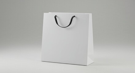 Plain white paper shopping bag with black handles, isolated on light grey background