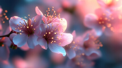 Pink flowers blooming in spring with warm sunset light