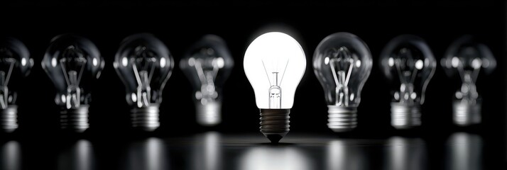 Business Highlight: Illuminated Light Bulb Signifying Differentiation and Innovation Amidst Unlit Bulbs