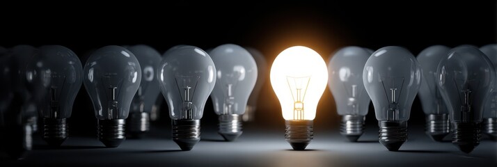 Business Highlights: A Single Illuminated Light Bulb Signifying Unique Ideas Amidst Unlit Bulbs