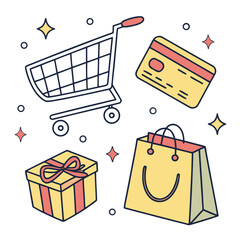 Shopping Cart Credit Card Gift Box and Shopping Bag.