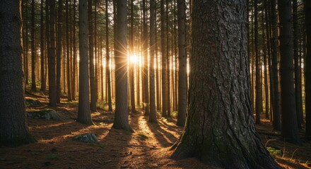 Obraz premium Sunlight streams through a dense forest of tall trees, creating a warm and vibrant atmosphere