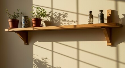Sunlit wooden shelf holds potted plants and decorative bottles, casting patterned shadows on a wall