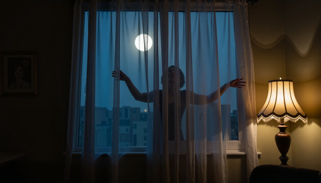 Person reaching out through sheer curtains at night with moonlight  