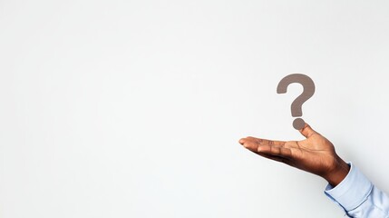 Hand of a person in a blue shirt is raised with an open palm, displaying a question mark symbol above, representing curiosity and inquiry in a minimalistic setting with copy space