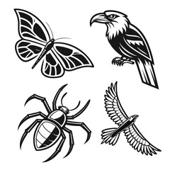 Stylized Black and White Insect and Bird Illustrations.