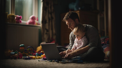 Caring father works on laptop from home while holding his toddler, balancing remote work and family life in a cozy room.