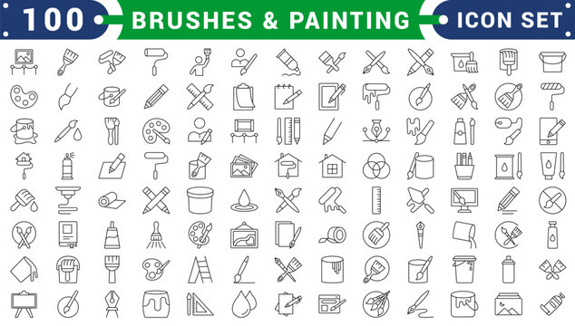 Brushes and Painting icon set. Related to Spray, Color palette, Paint Bucket and more. Collection and pack of linear web and ui icons. Editable stroke.
