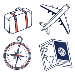 Travel Essentials Airplane Suitcase and Compass.