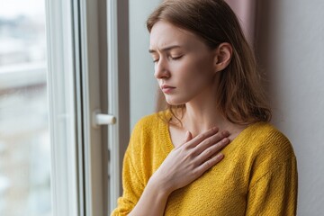 Young Woman Struggling with Breathing Issues by the Window in a Cozy Indoor Setting