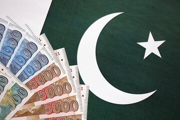 Pakistan rupees banknotes on Pakistani flag background. The current Pakistan money bills
