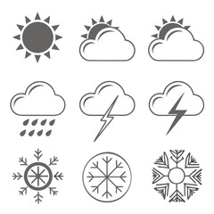 Weather Icons Collection Sun Clouds Rain Lightning Snowflakes.