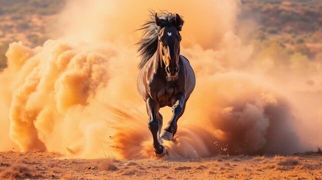 A horse running in the desert with dust in the air - Powered by Adobe