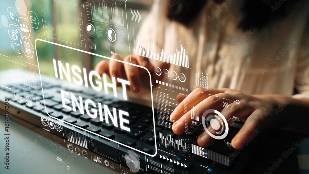 Poster hands typing on keyboard with digital graphics representing data insight and technology concepts in 