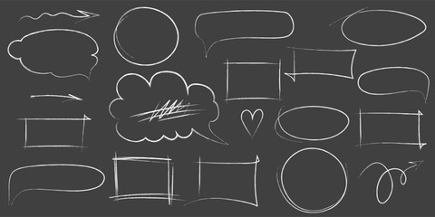 Hand drawn highlight, arrows and emphasis marks. Set of Sketches of ellipse, rectangle, square, oval on dark background. Collection of brush doodle elements and shapes for message notes
